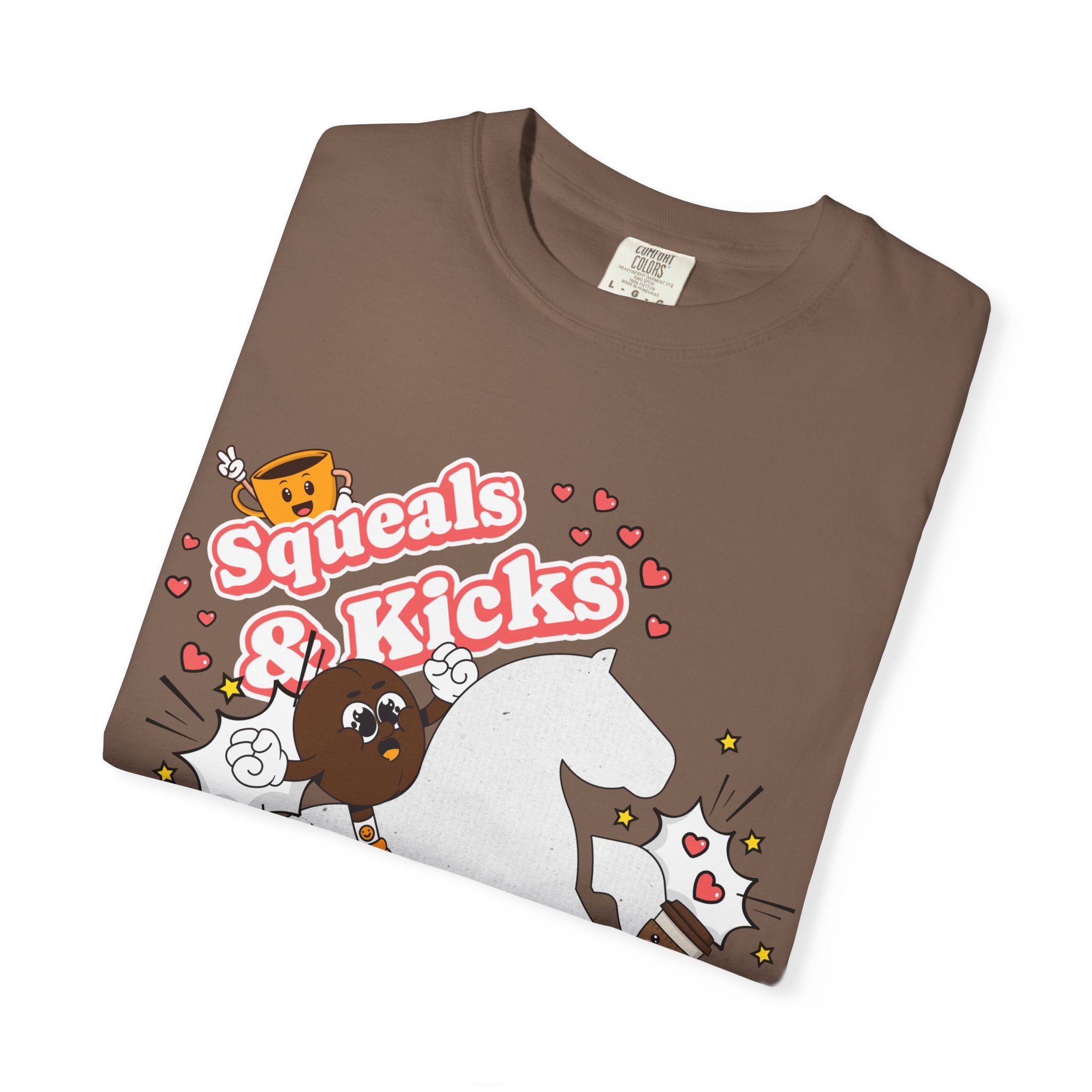 T-Shirt — "Squeals & Kicks Before Coffee" Cute Pony Coffee Lover Tee