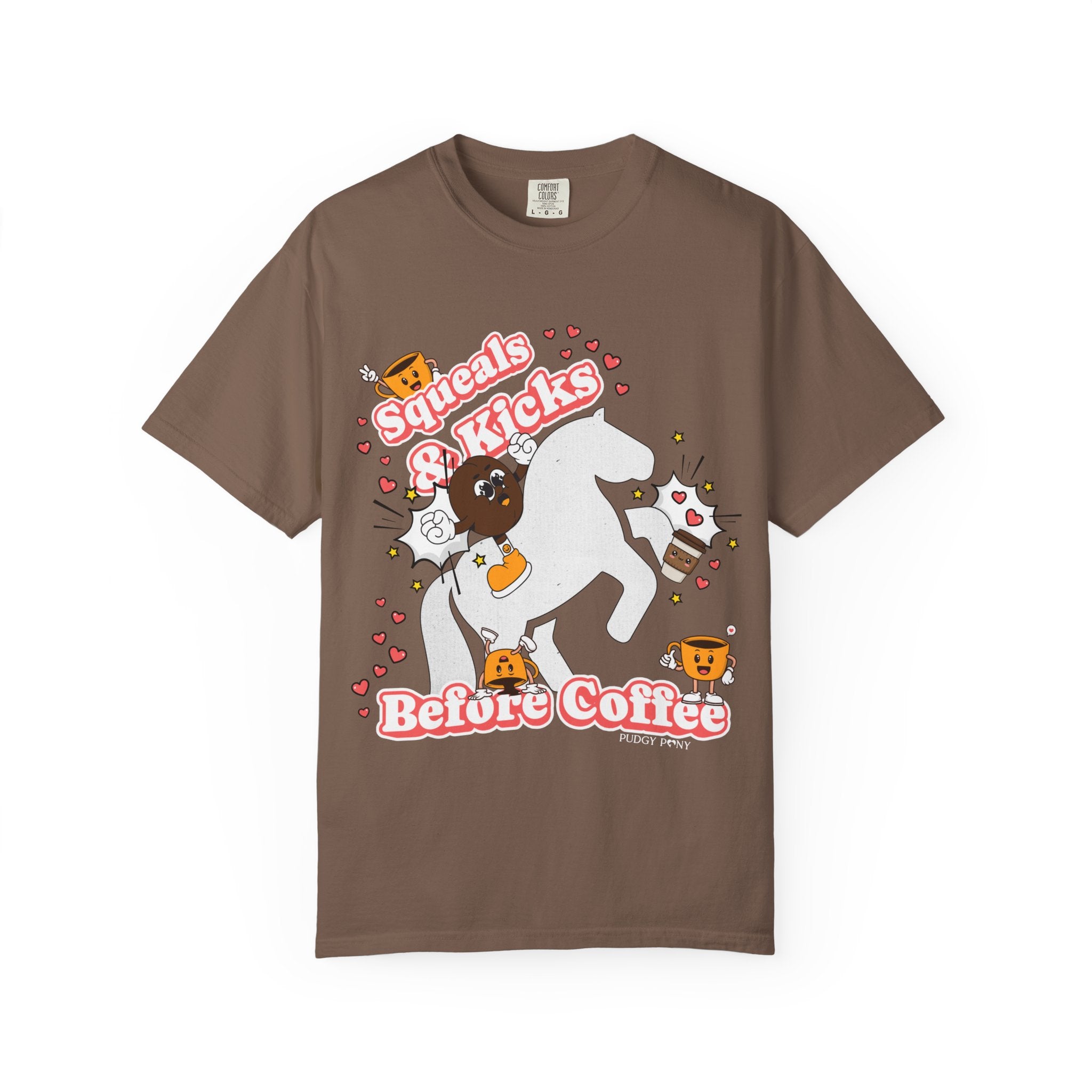 T-Shirt — "Squeals & Kicks Before Coffee" Cute Pony Coffee Lover Tee