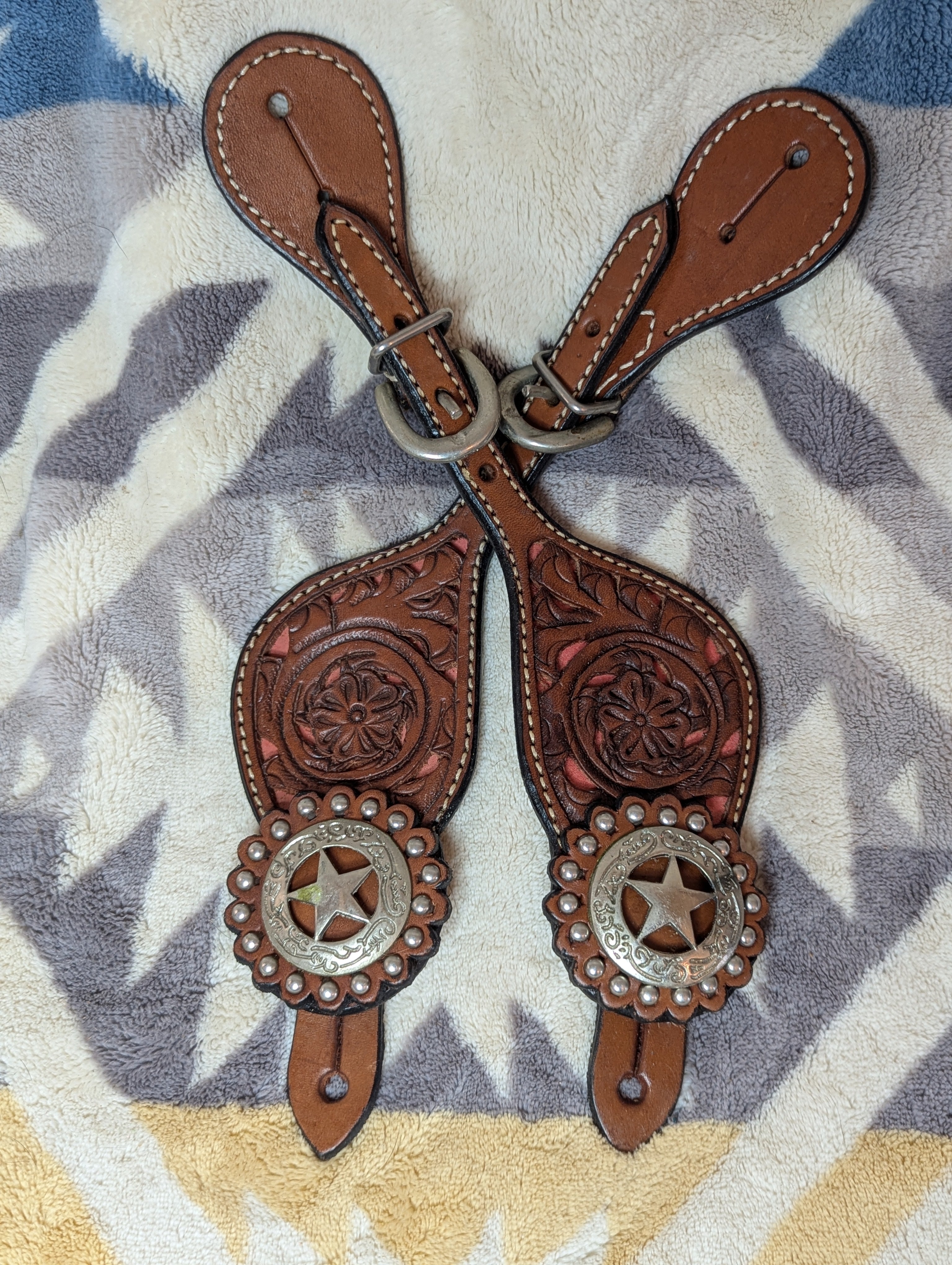 Western Leather Spur Straps Pink Inlay