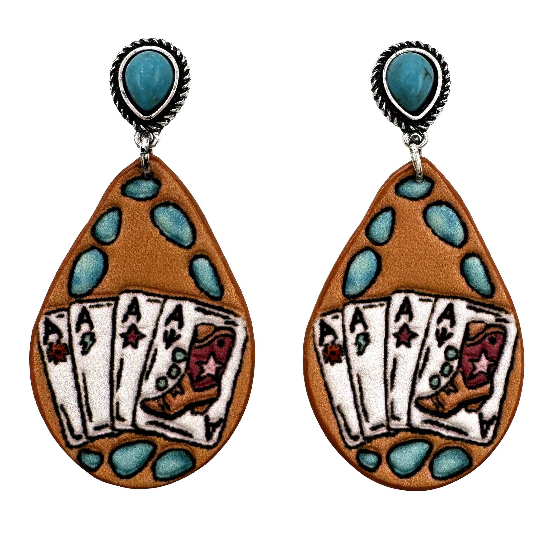 Tooled Leather Poker Card Aces Cowgirl Teardrop Earrings