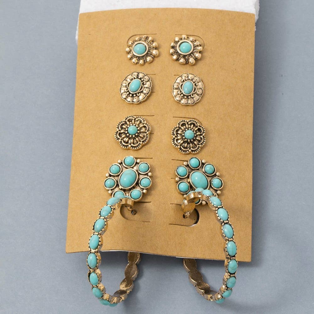 Turquoise Stone Assorted Concho Earrings Set